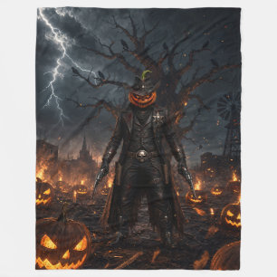 Spooky Halloween Pumpkin Sheriff Cowboy Lightning Fleece Blanket