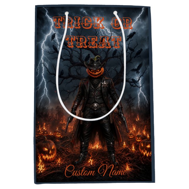 Spooky Halloween Pumpkin Sheriff Cowboy Lightning  Medium Gift Bag (Front)