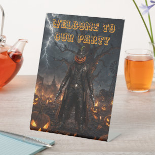 Spooky Halloween Pumpkin Sheriff Cowboy Lightning  Pedestal Sign