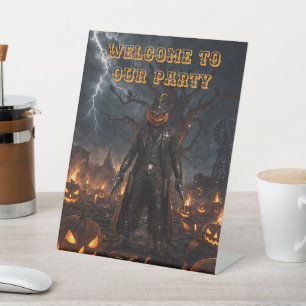 Spooky Halloween Pumpkin Sheriff Cowboy Lightning  Pedestal Sign