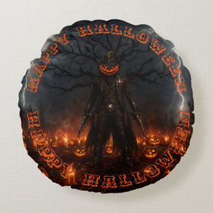 Spooky Halloween Pumpkin Sheriff Cowboy Lightning Round Pillow