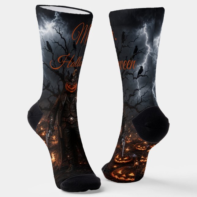 Spooky Halloween Pumpkin Sheriff Cowboy Lightning  Socks (Angled)