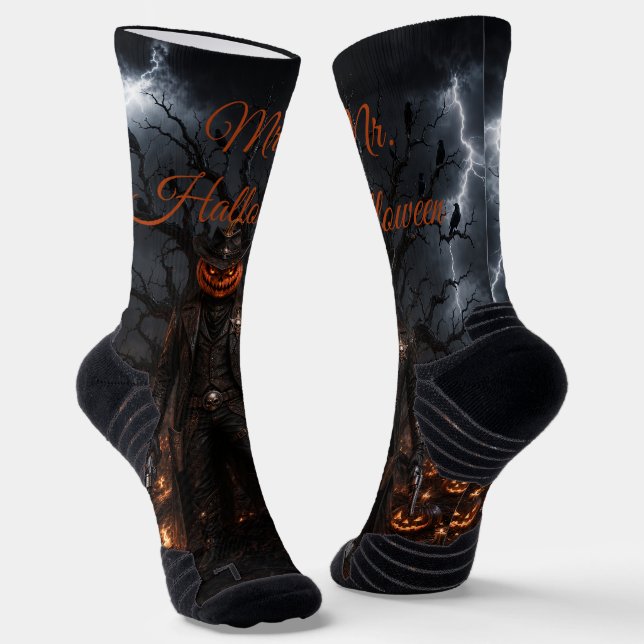 Spooky Halloween Pumpkin Sheriff Cowboy Lightning  Socks (Angled)