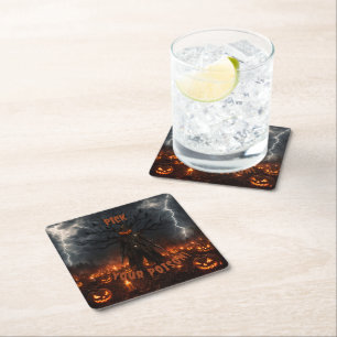 Spooky Halloween Pumpkin Sheriff Cowboy Lightning  Square Paper Coaster