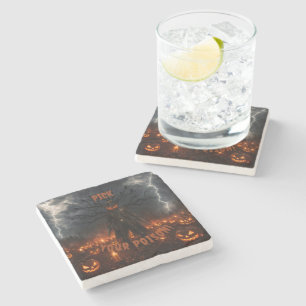 Spooky Halloween Pumpkin Sheriff Cowboy Lightning  Stone Coaster