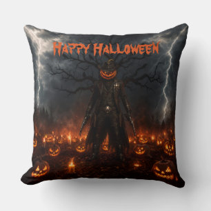 Spooky Halloween Pumpkin Sheriff Cowboy Lightning Throw Pillow