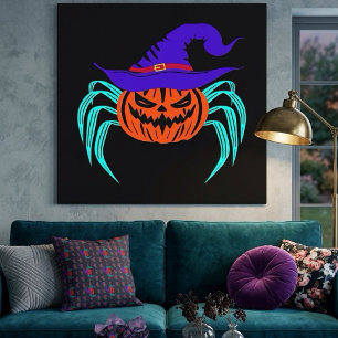Spooky Halloween Pumpkin Spider And Witch Hat Art Canvas Print