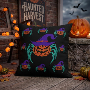 Spooky Halloween Pumpkin Spider And Witch Hat Art Outdoor Pillow