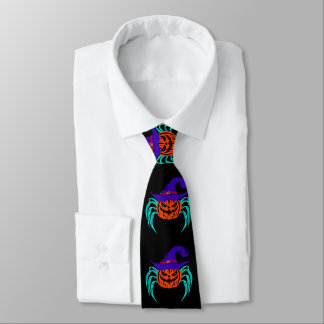 Spooky Halloween Pumpkin Spider And Witch Hat Art Tie