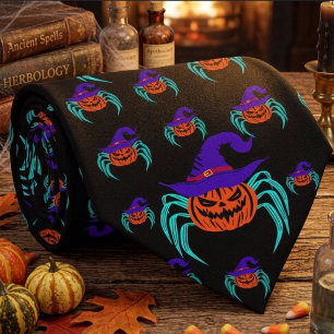 Spooky Halloween Pumpkin Spider And Witch Hat Art Tie