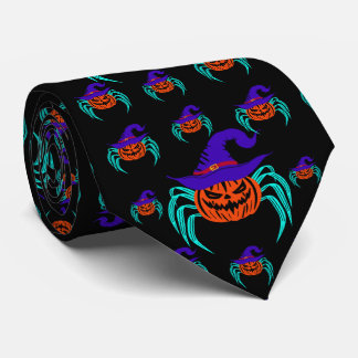 Spooky Halloween Pumpkin Spider And Witch Hat Art Tie