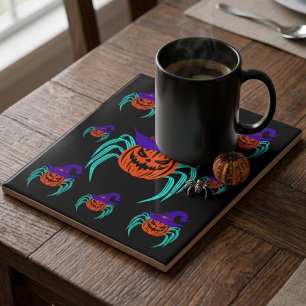Spooky Halloween Pumpkin Spider And Witch Hat Art Tile