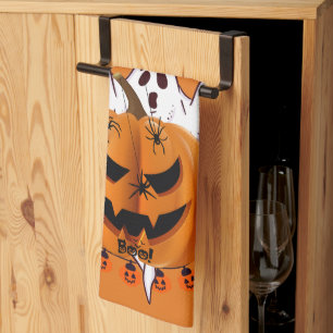 Spooky Halloween Pumpkin with Ghost and Spider Des Kitchen Towel