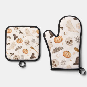 Spooky Halloween Pumpkins & Ghosts Oven Mitt & Pot Holder Set