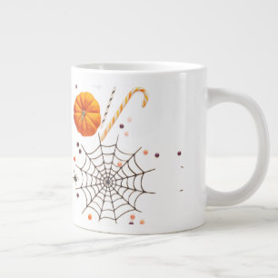 Spooky Halloween Pumpkins, Spider Webs Flying Bats Large Coffee Mug
