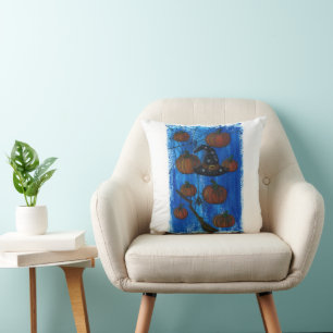 Spooky Halloween Pumpkins & Witch Hat Throw Pillow