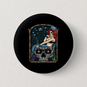 Spooky Halloween Punk Goth Skull Mermaid 2 Inch Round Button