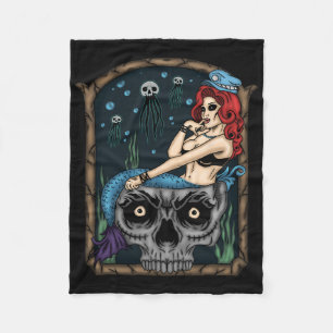 Spooky Halloween Punk Goth Skull Mermaid  Fleece Blanket