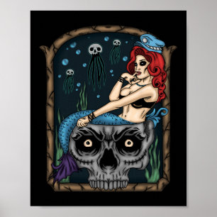 Spooky Halloween Punk Goth Skull Mermaid  Poster