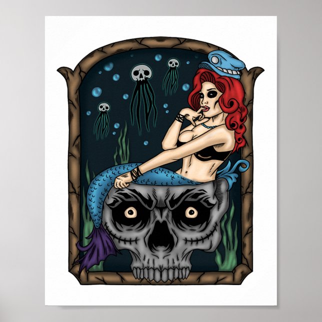 Spooky Halloween Punk Goth Skull Mermaid  Poster (Front)