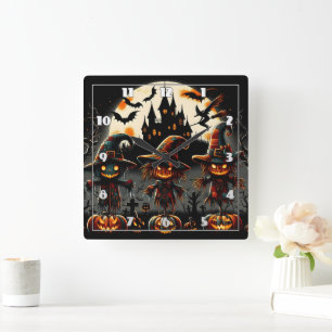 Spooky Halloween scarecrows guarding the graveyard Square Wall Clock