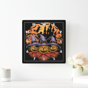Spooky Halloween scarecrows under a full moon Square Wall Clock