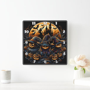 Spooky Halloween scarecrows under a full moon Square Wall Clock
