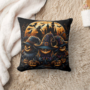 Spooky Halloween scarecrows under a full moon Throw Pillow