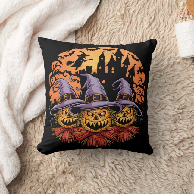 Spooky Halloween scarecrows under a full moon Throw Pillow (Blanket)
