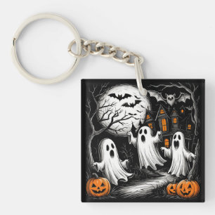 Spooky Halloween Scene with Ghosts Keychain
