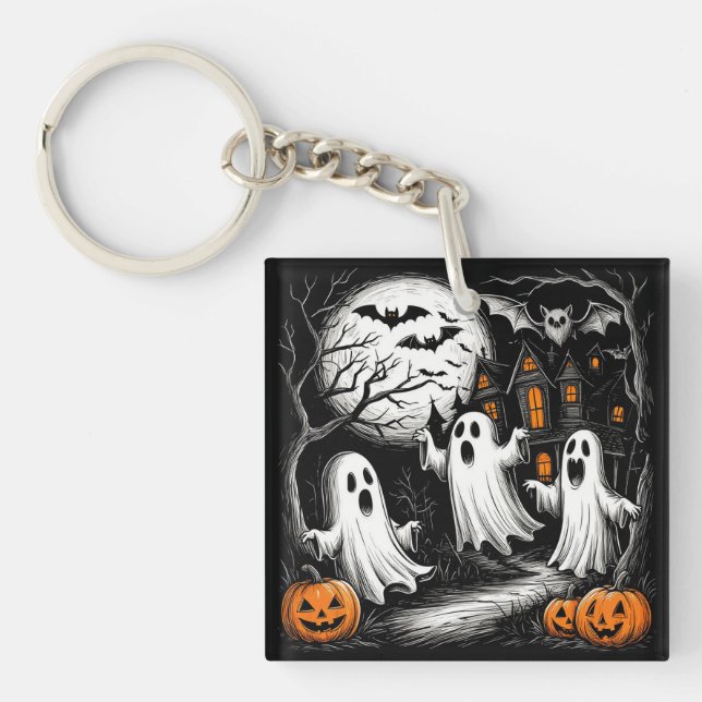 Spooky Halloween Scene with Ghosts Keychain (Front)