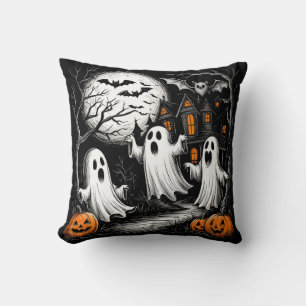 Spooky Halloween Scene with Ghosts Throw Pillow