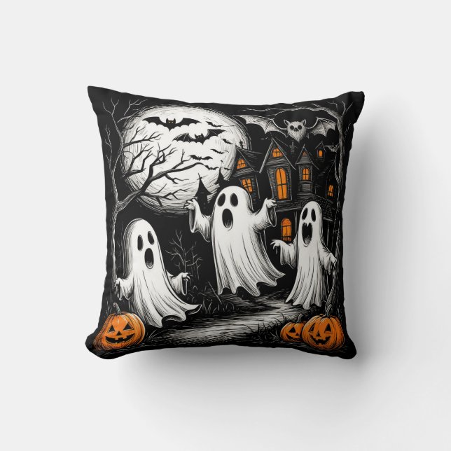 Spooky Halloween Scene with Ghosts Throw Pillow (Front)