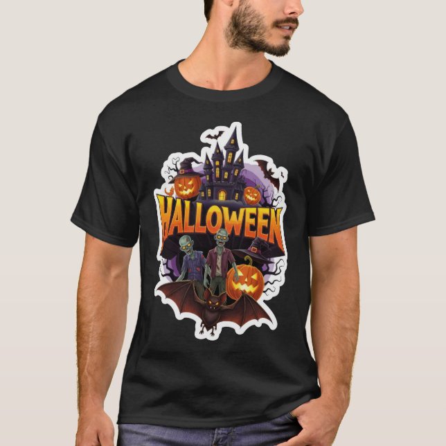 Spooky Halloween scene with zombies castle and pum T-Shirt (Front)