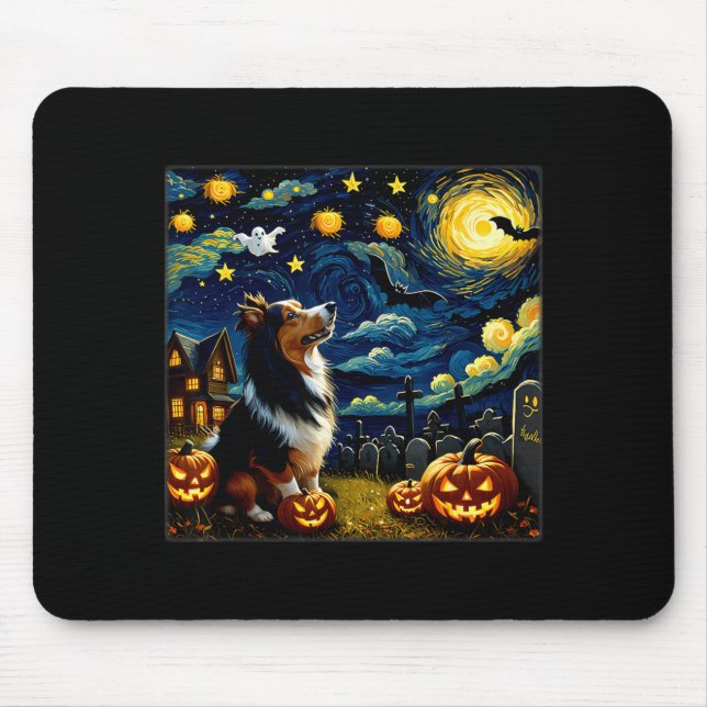 Spooky Halloween Sheltie Dog Starry Night Mouse Pad (Front)