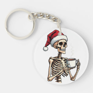 Spooky Halloween Sipping Coffee Christmas Santa Keychain