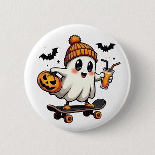 Spooky Halloween Skating Pumpkin Spice Ghost Fall 2 Inch Round Button