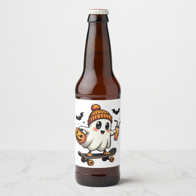 Spooky Halloween Skating Pumpkin Spice Ghost Fall Beer Bottle Label (Front)