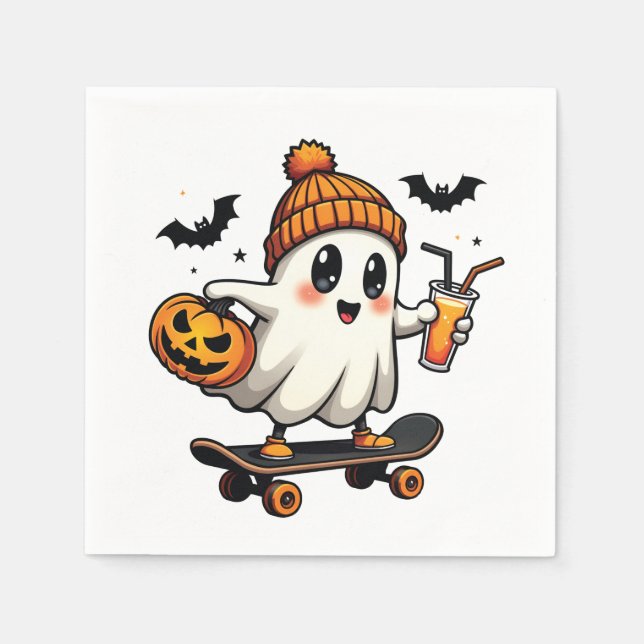 Spooky Halloween Skating Pumpkin Spice Ghost Fall Napkin (Front)