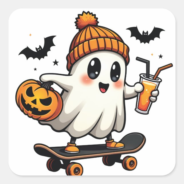 Spooky Halloween Skating Pumpkin Spice Ghost Fall Square Sticker (Front)