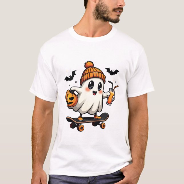 Spooky Halloween Skating Pumpkin Spice Ghost Fall T-Shirt (Front)