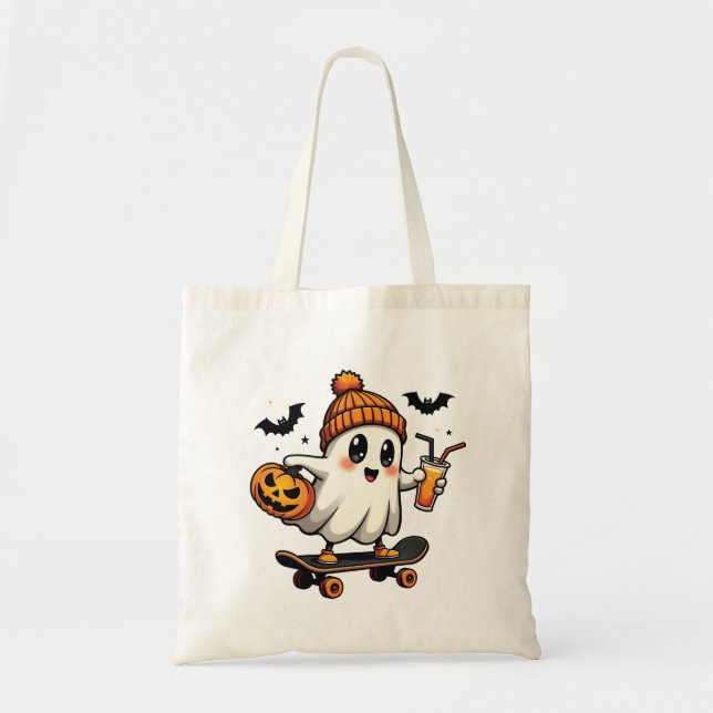 Spooky Halloween Skating Pumpkin Spice Ghost Fall Tote Bag (Front)