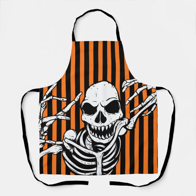 Spooky Halloween Skeleton Black Orange Stripes Apron (Front)