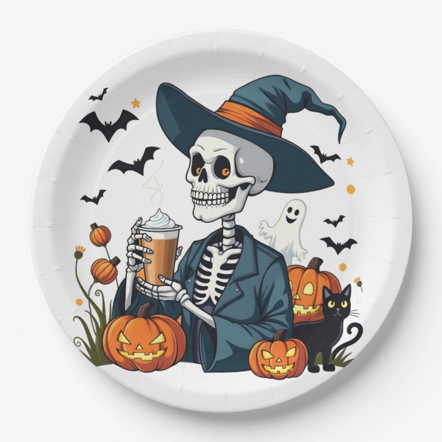 Spooky Halloween Skeleton Sippin Pumpkin Spice Paper Plate (Front)