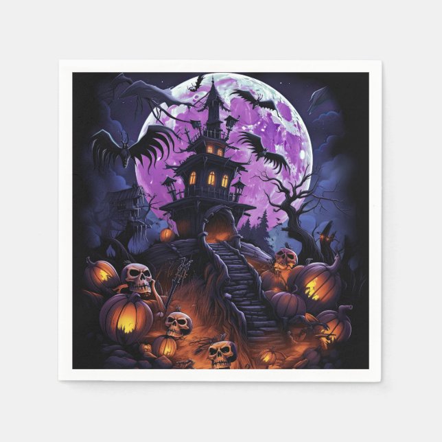 Spooky Halloween Skeleton Skull Haunted House  Napkin (Front)