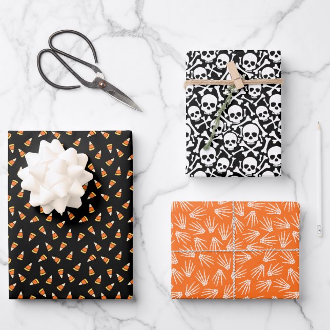 Spooky Halloween Skull & Candy Corn Pattern Wrapping Paper Sheet (Front)