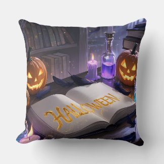 Spooky Halloween Spellbook Pumpkins Throw Pillow