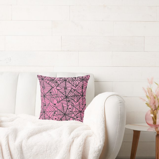 Spooky Halloween Spider Webs on Pink Throw Pillow (Couch)