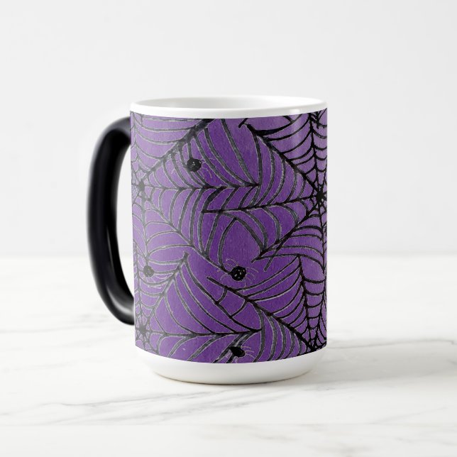 Spooky Halloween Spider Webs on Purple Magic Mug (Front Left)