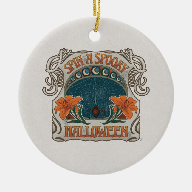 Spooky Halloween Spiders & Lily Victorian Vintage Ceramic Ornament (Front)